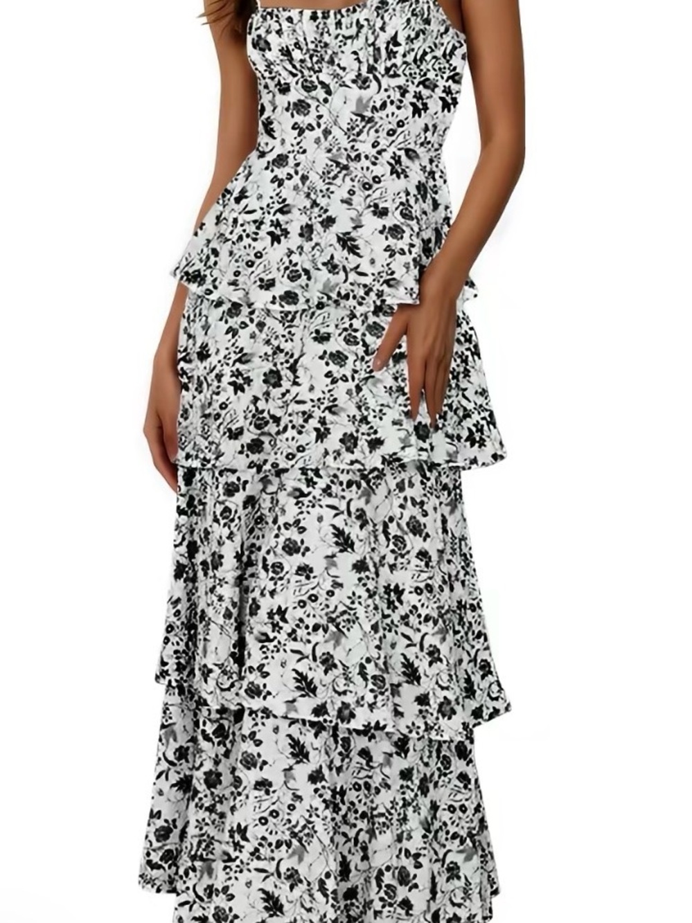 Black & White Floral Tiered Maxi Dress